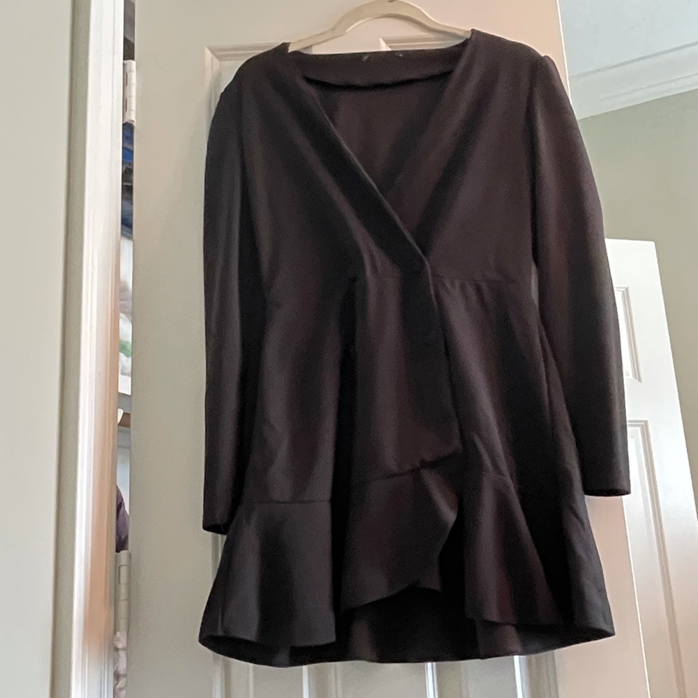 Black double button blazer dress with ruffle hem